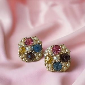 Vintage Pearl Cluster Pink Purple Yellow Blue Rhinestone Clip On Screw Earring